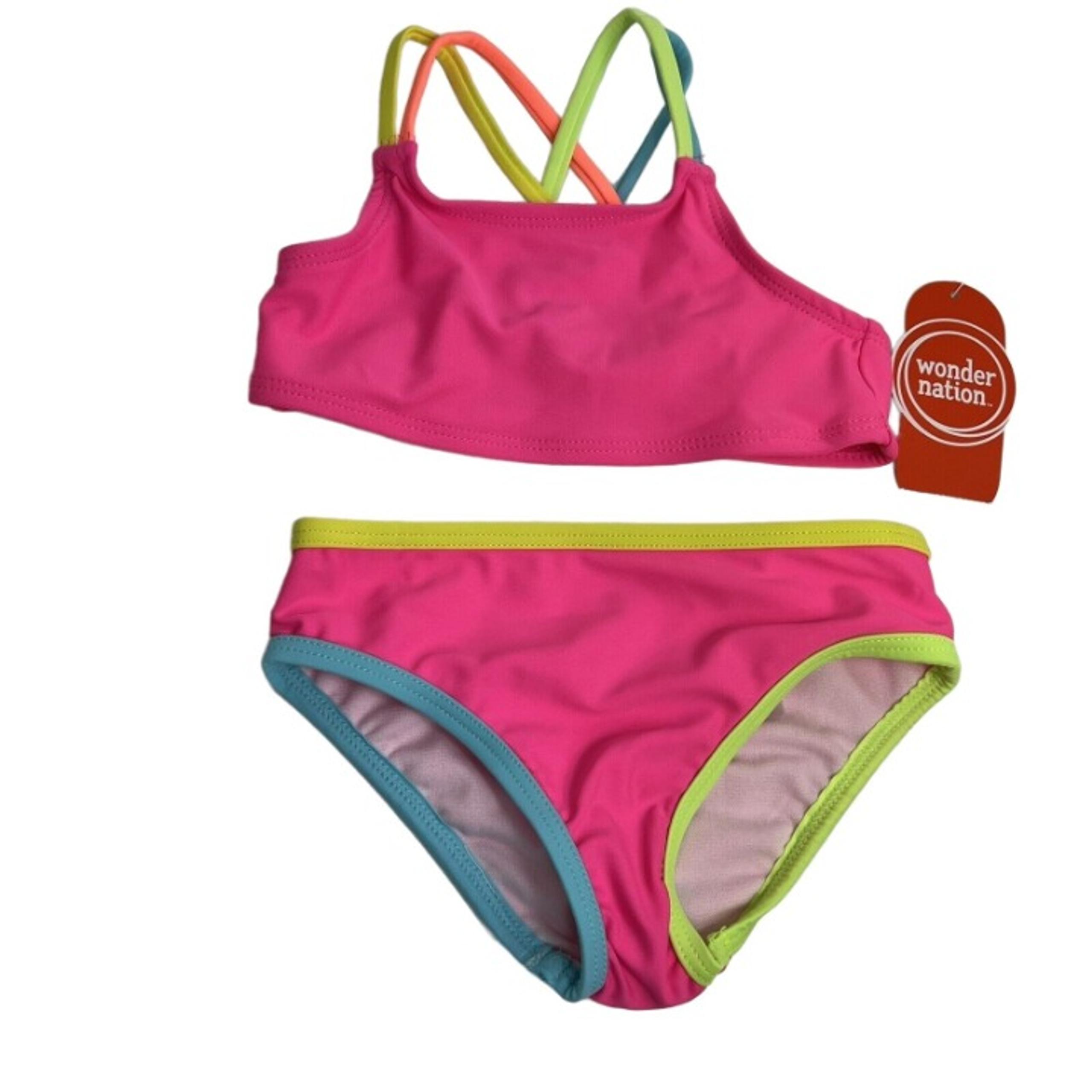 Wonder Nation Girls Baby Size 2T Swimsuit Bikini Pink Neon Retro 80's Swim New
