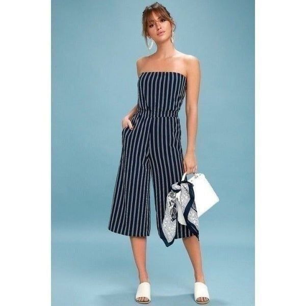 Love By Chesley Womens Blue White Striped Sleeveless Tube One Piece Romper Sz S