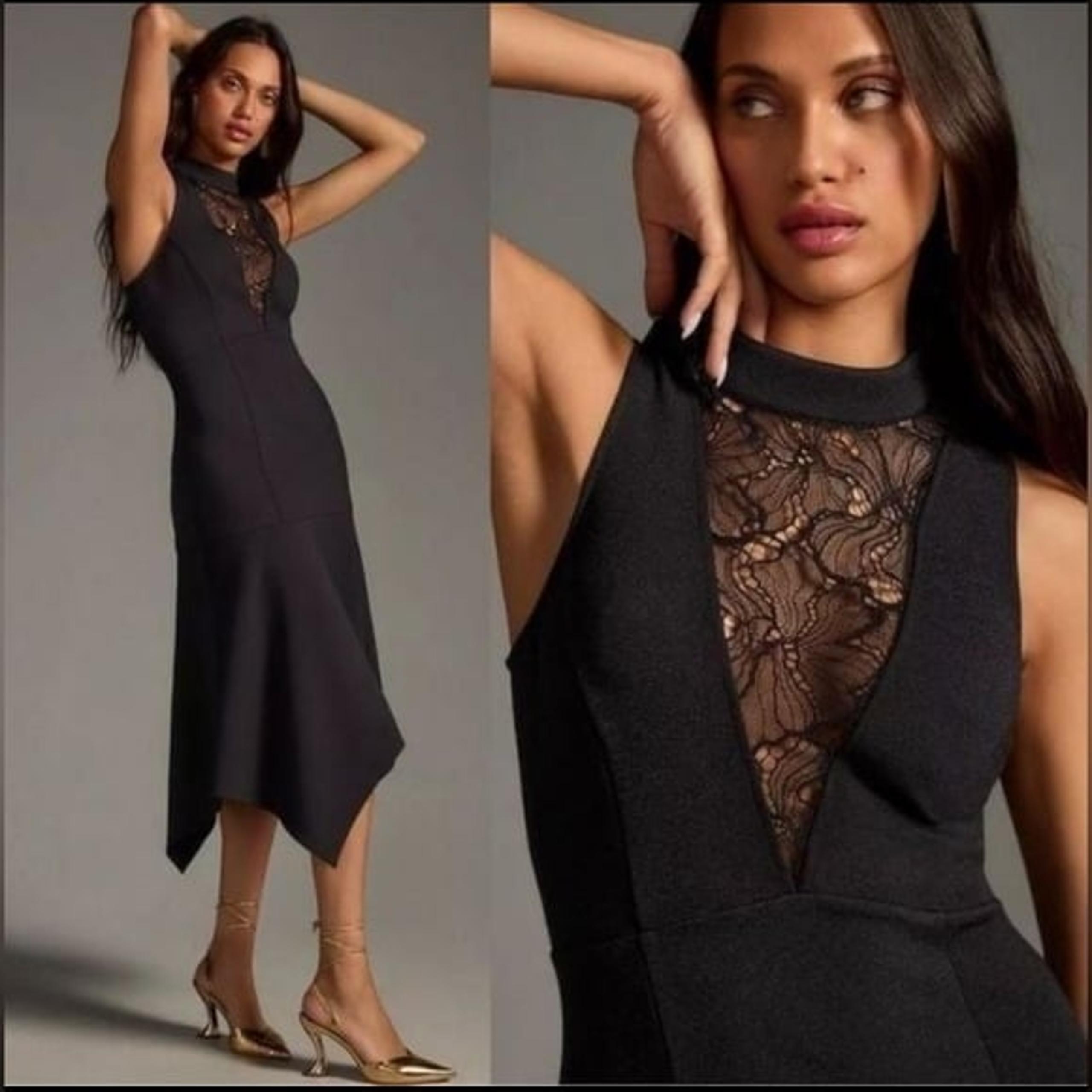 By Anthropologie Mock-Neck Lace-Inset Fit & Flare Dress