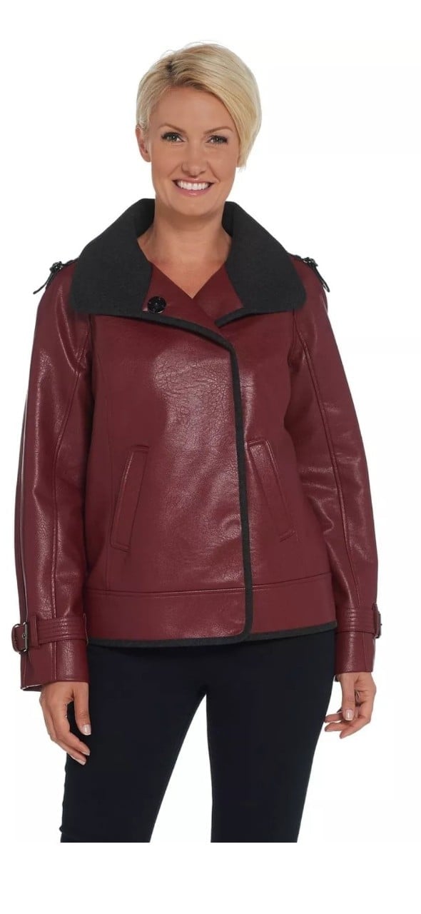 NWOT Dennis Basso Faux Leather Moto Jacket w/ Epaulet Detail Bordeaux size 12