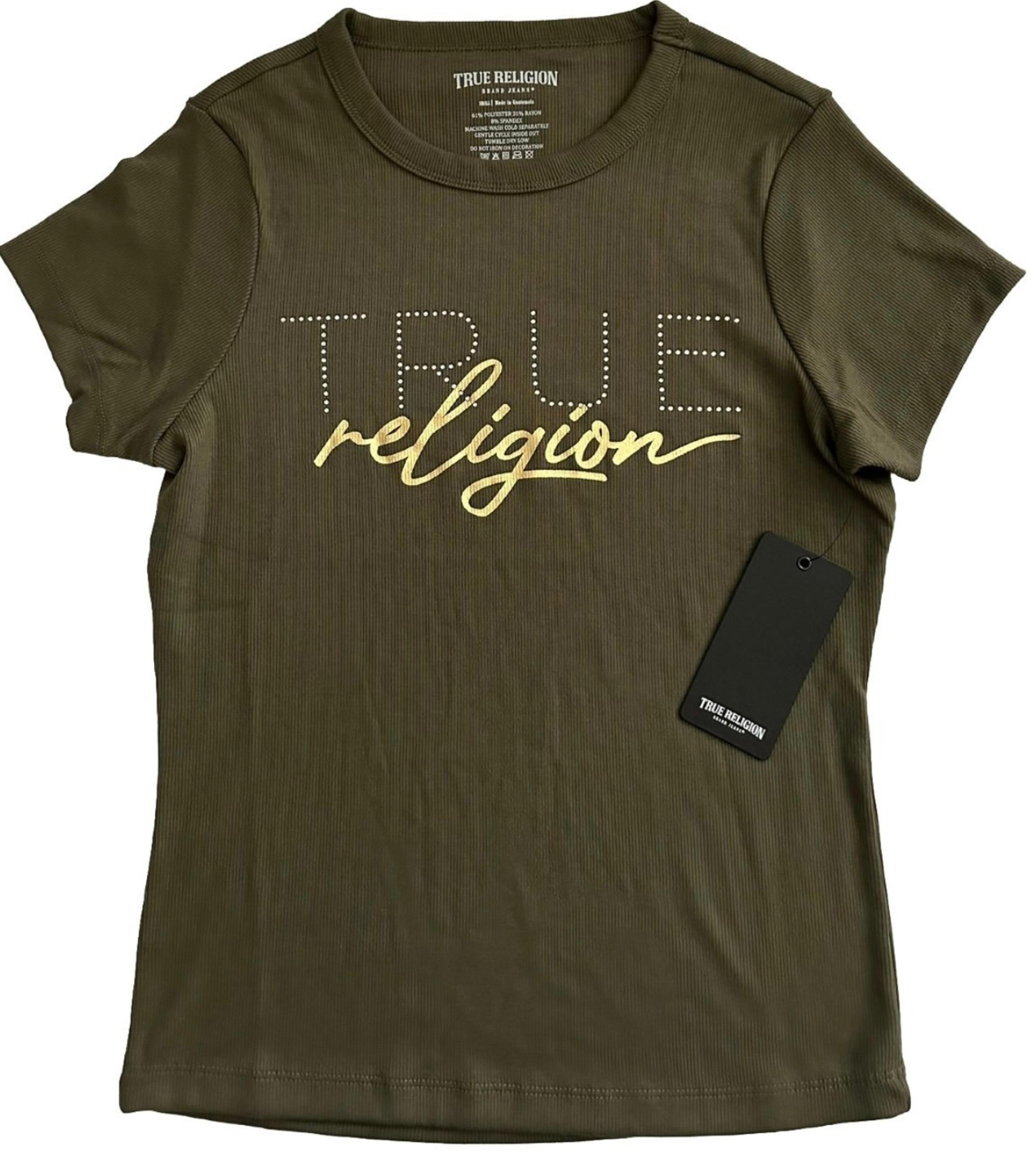 True Religion Green Shirt Womens Small-Large Kalamata Ribbing Bling $59 MSRP New