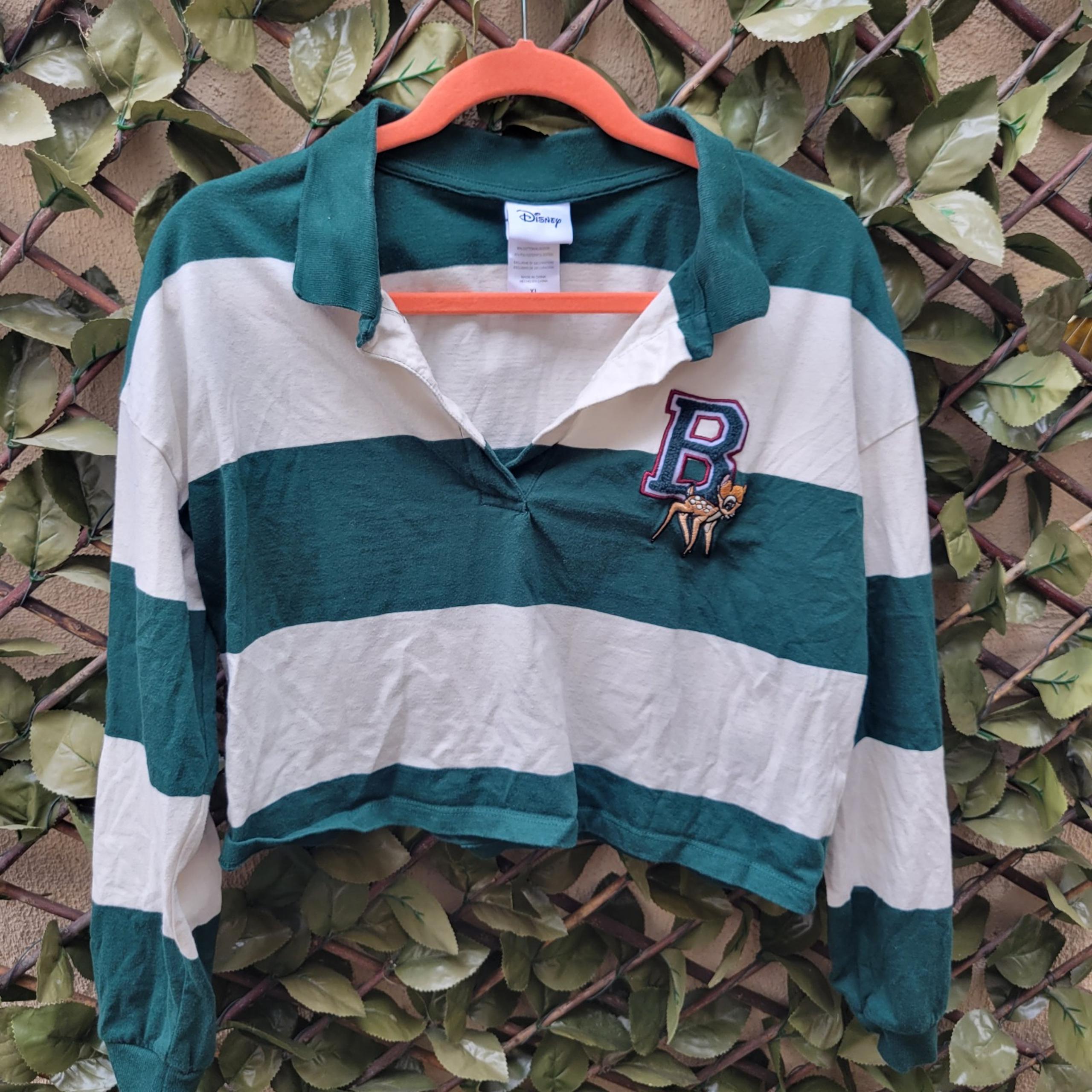 Disney Bambi Cropped Polo Shirt Womens Size XL Long Sleeve Striped Green White