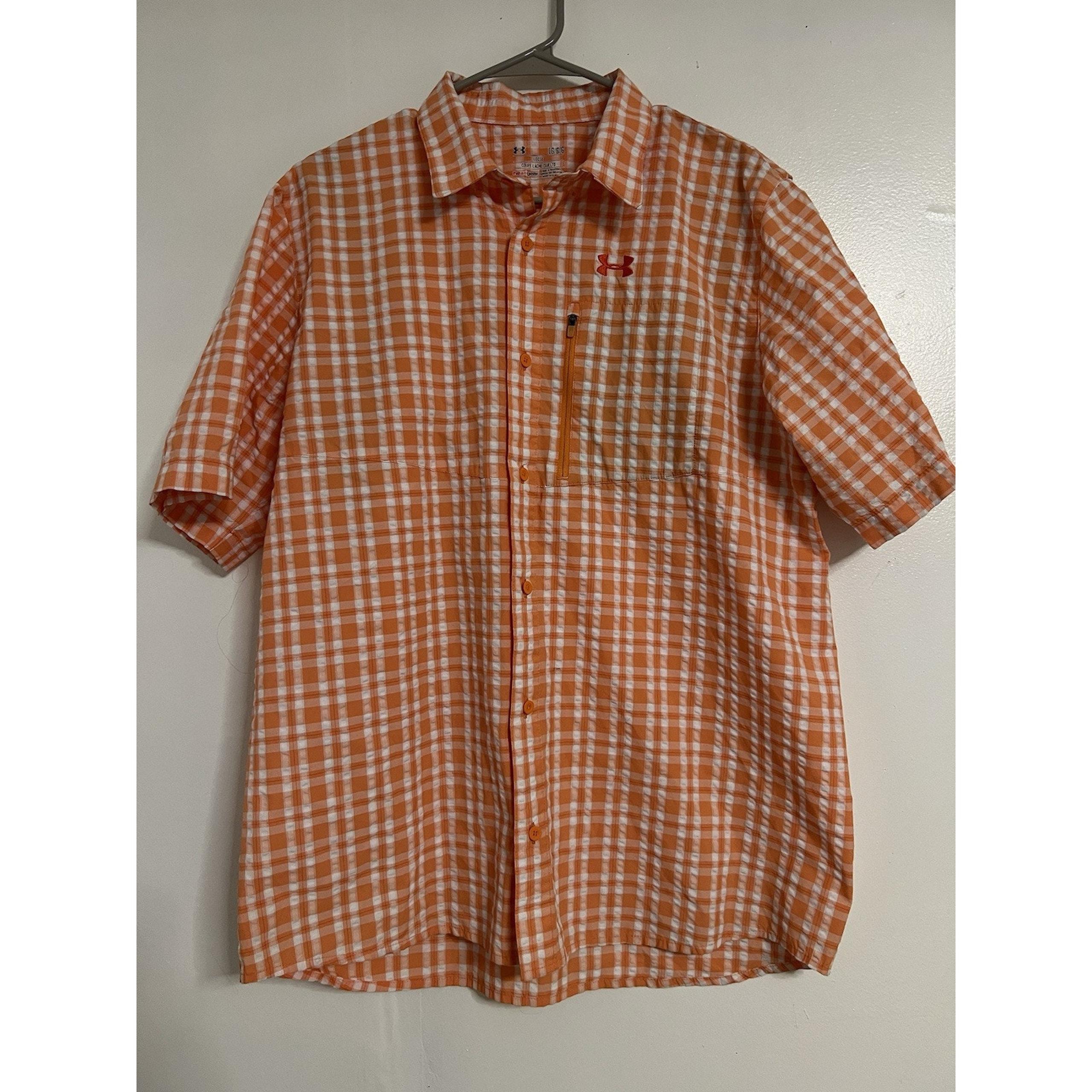 Under Armour Shirt Mens Orange Plaid Button Up HeatGear Casual Outdoor Fishing