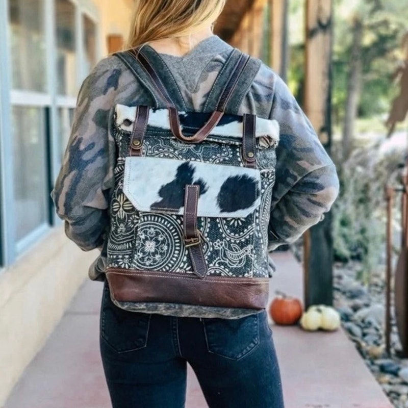NWT Myra Bags Vibe with me Backpack Spiral Pattern Cowhide Trim