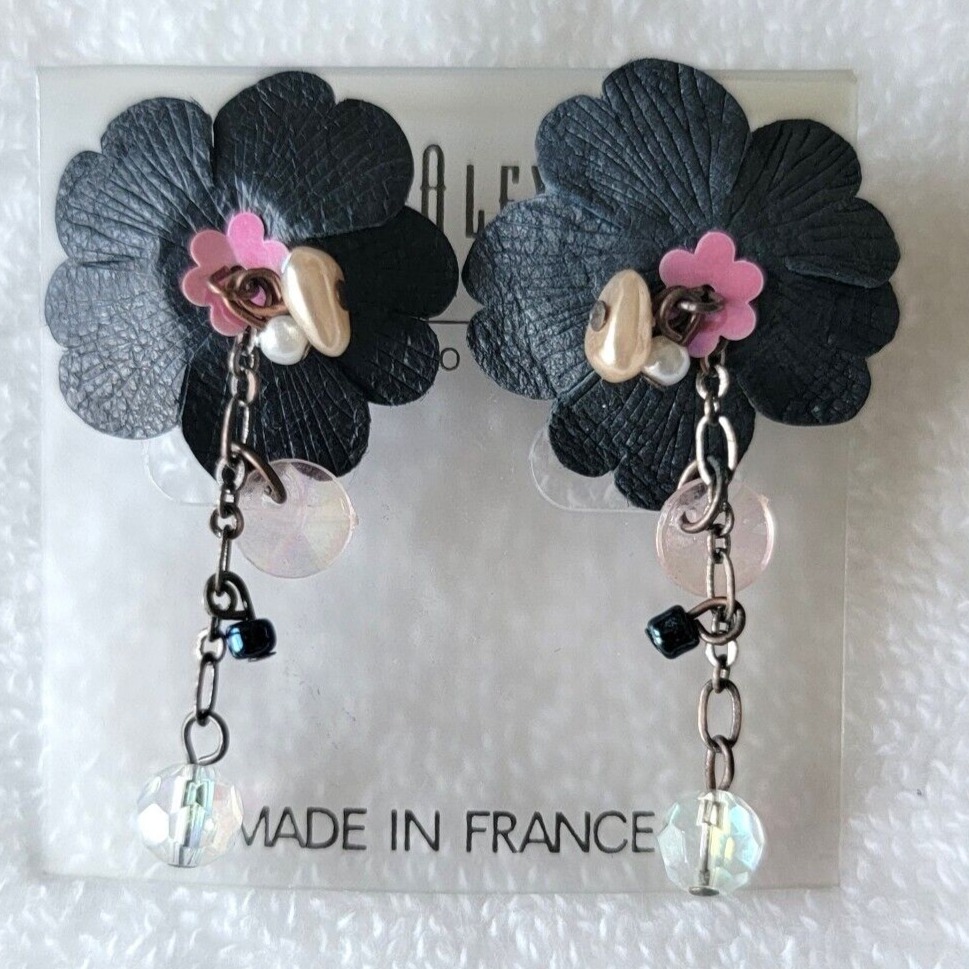VINTAGE CHENARD ALEXANDRE BLACK LEATHERY FABRIC FLOWER POST EARRINGS W/ DANGLES