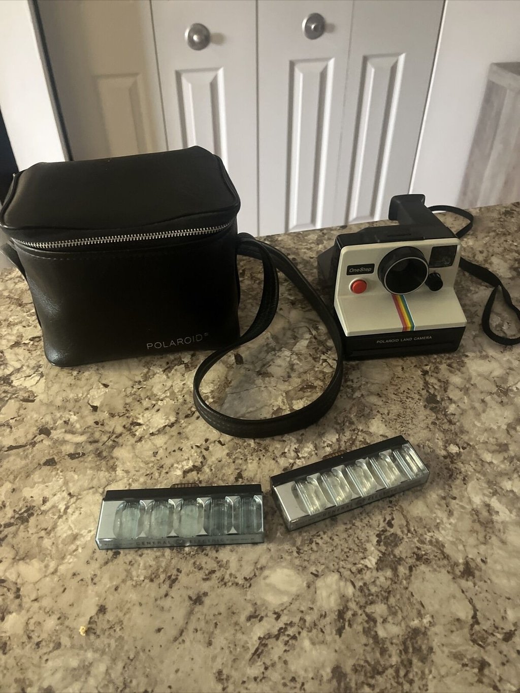 Vintage Polaroid One Step Land Camera W/Strap, Polaroid Case & 2 Flash Bars READ
