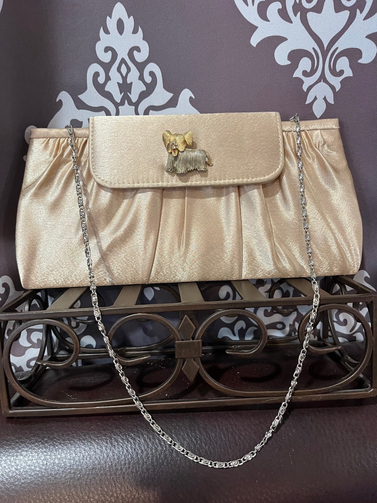 Vintage Purse, Clutch, Gold Clutch, Vintage Dog Brooch, Vintage Bag