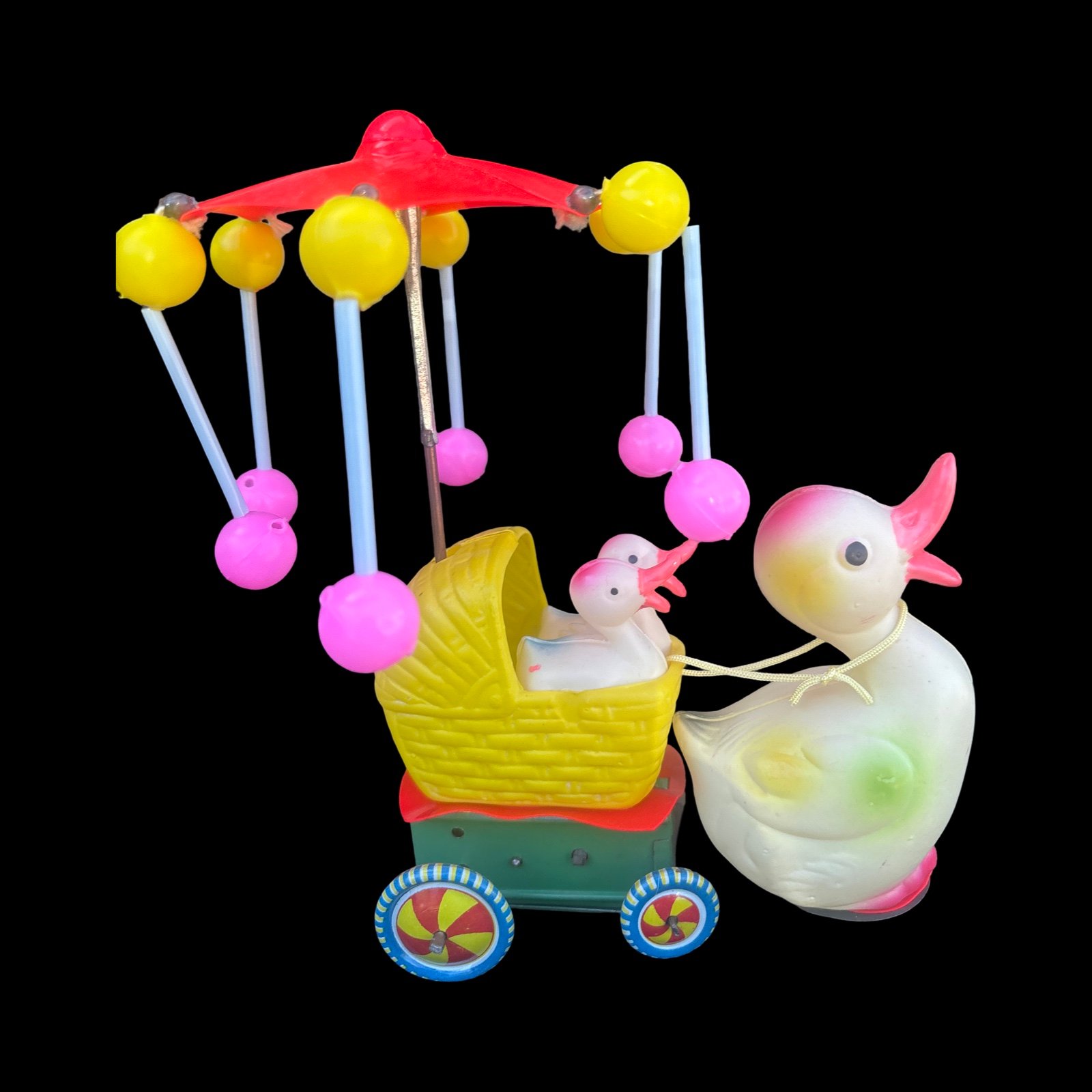 VINTAGE JAPAN DUCK PULLING BABY DUCK IN STROLLER WIND UP WITH BOX WORKS ~ NOS