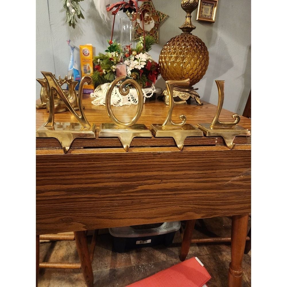 Set of 4 Rare Vintage Christmas NOEL Heavy Brass Stocking Holders Made In India