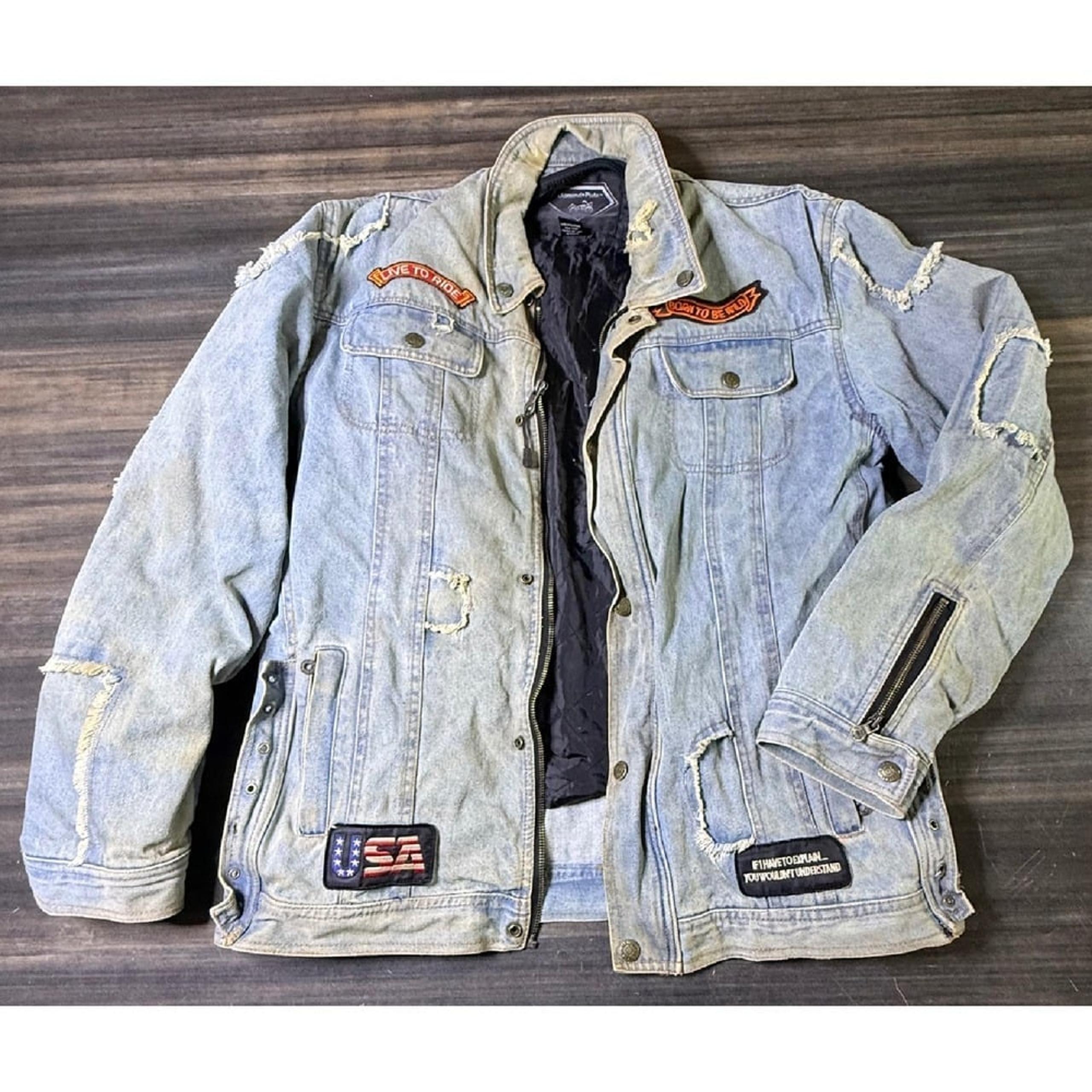 Vintage Natural Grunge Diamond Denim Jacket Motorcycle Patches Distressed Sz 2X