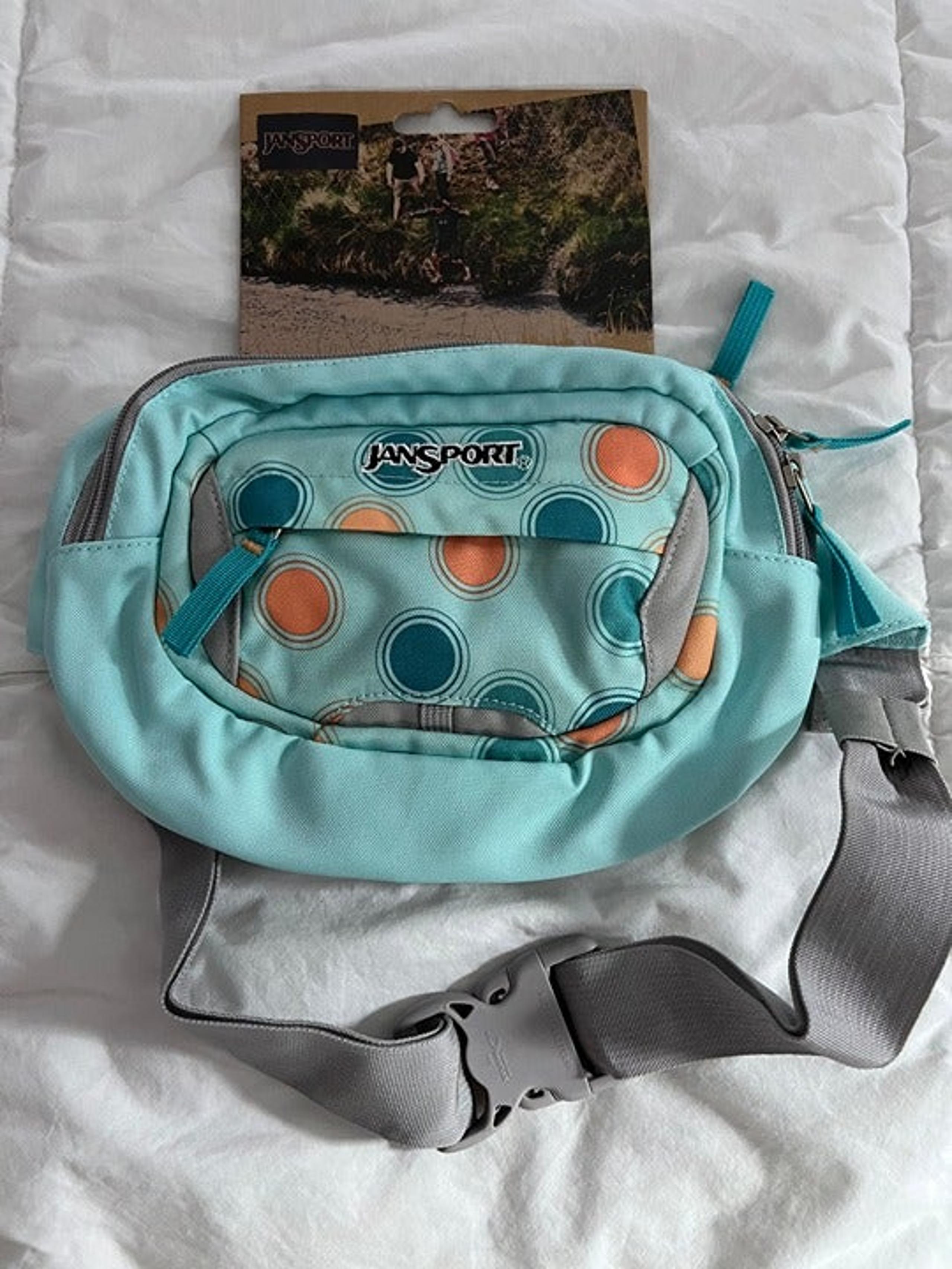 JanSport Aqua Blue/Polka Dots, Fanny/Waist Pack, 3 Pouches, EUC