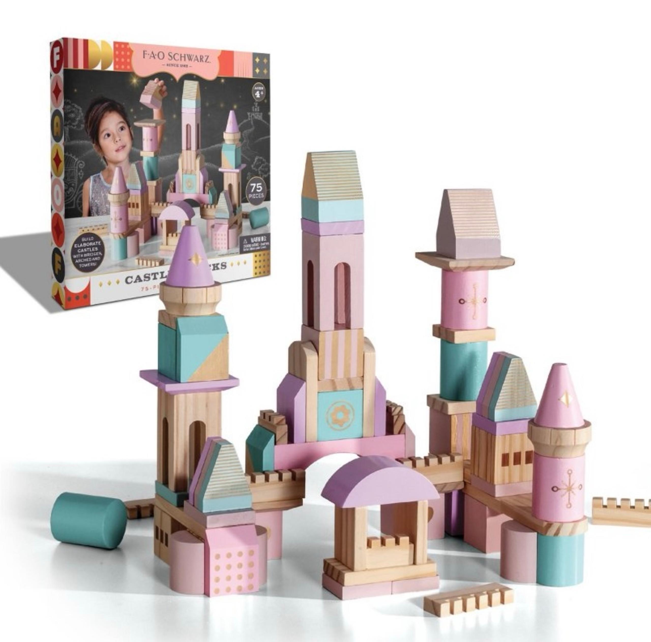 FAO Schwarz Medieval Princess Wooden Castle Building Blocks Set 75pc wood pink