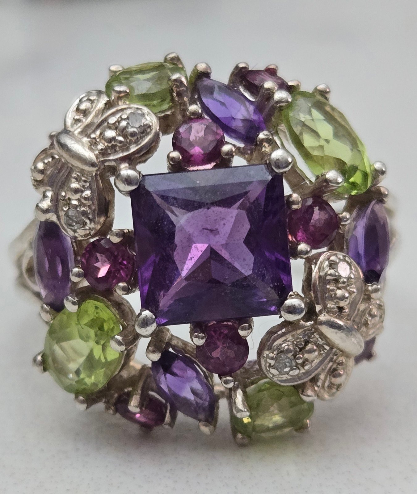 Stunning AMETHYST, PERIDOT, AND DIAMOND with Intricate Butterfly Sterling Silver