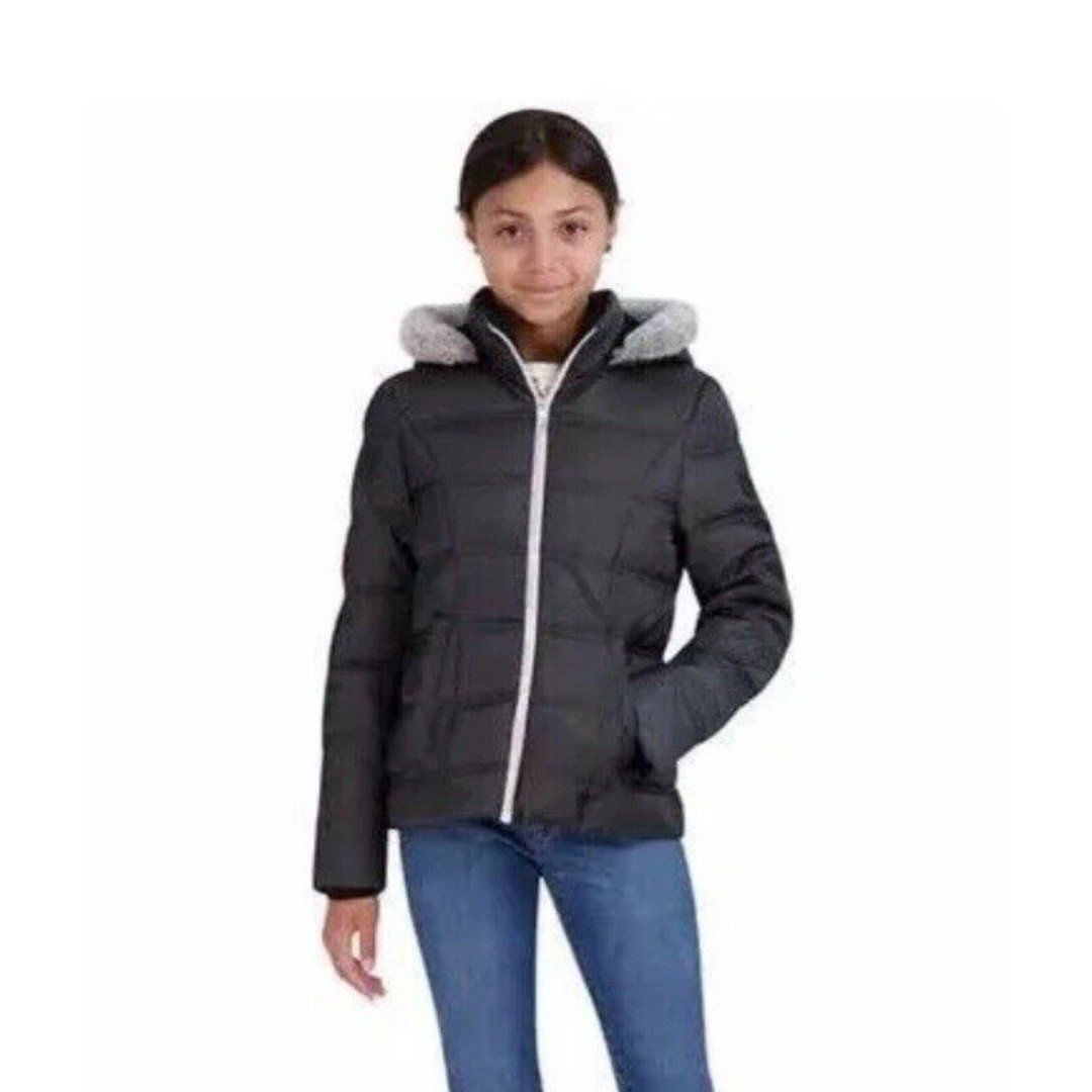 NWT SAGE Collective Youth Girls Faux Fur Hooded Puffer Jacket Coat Black Size L