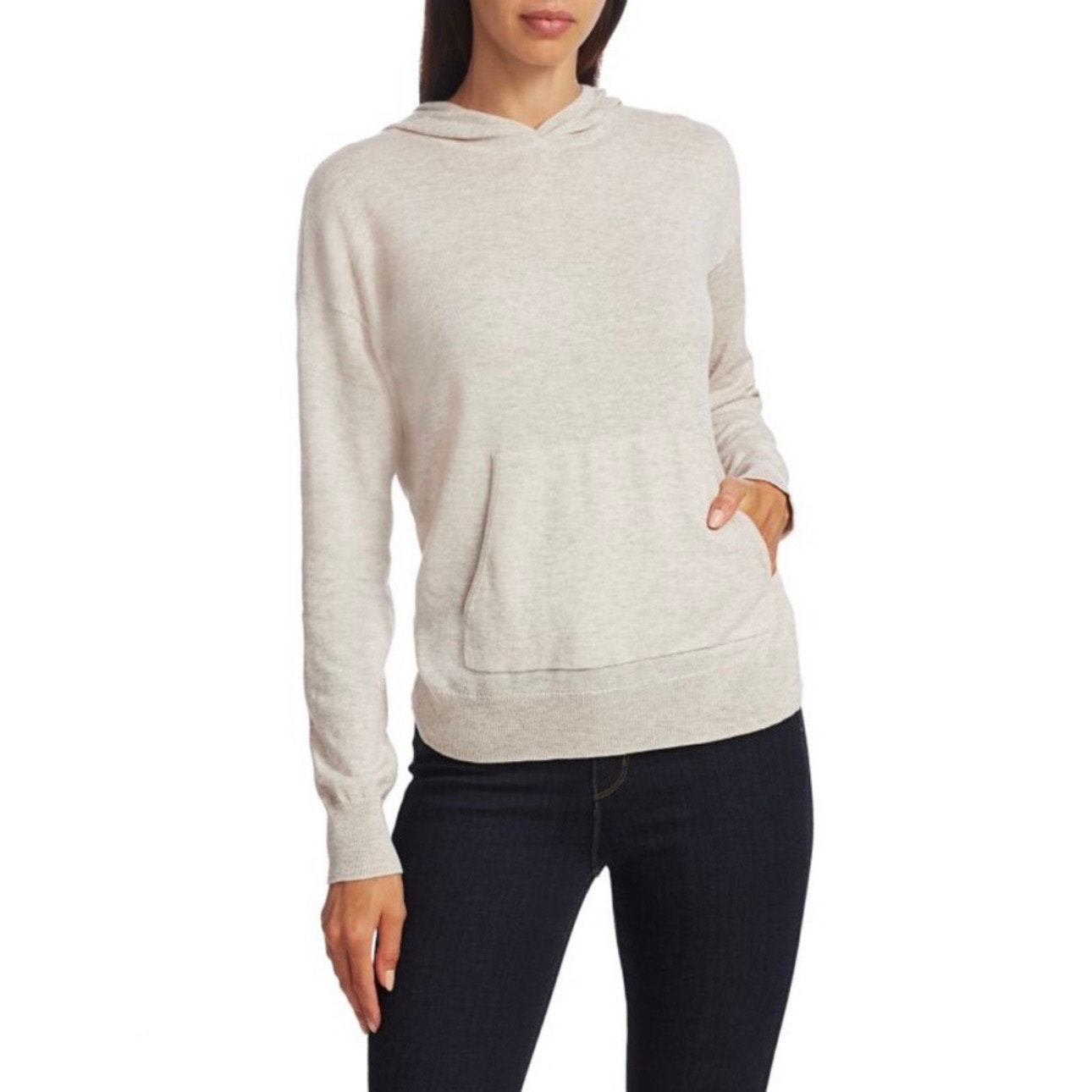 Theory Wool Blend Oatmeal Beige Aria Knit Hooded Pullover Sweater Large
