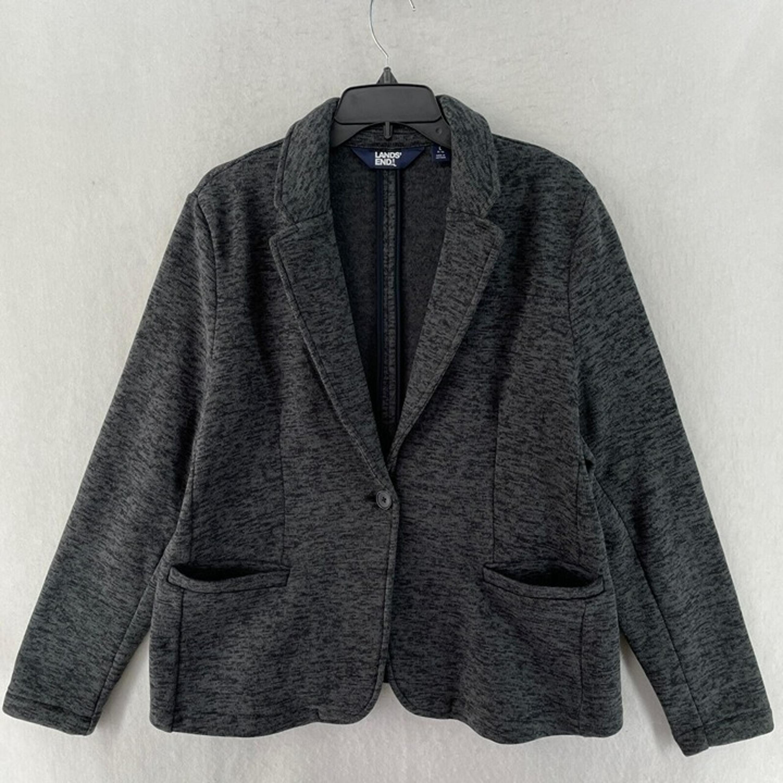 Lands End Blazer Jacket Women L Gray Heathered Oeko Tex Stretch Casual Office - Lands' End