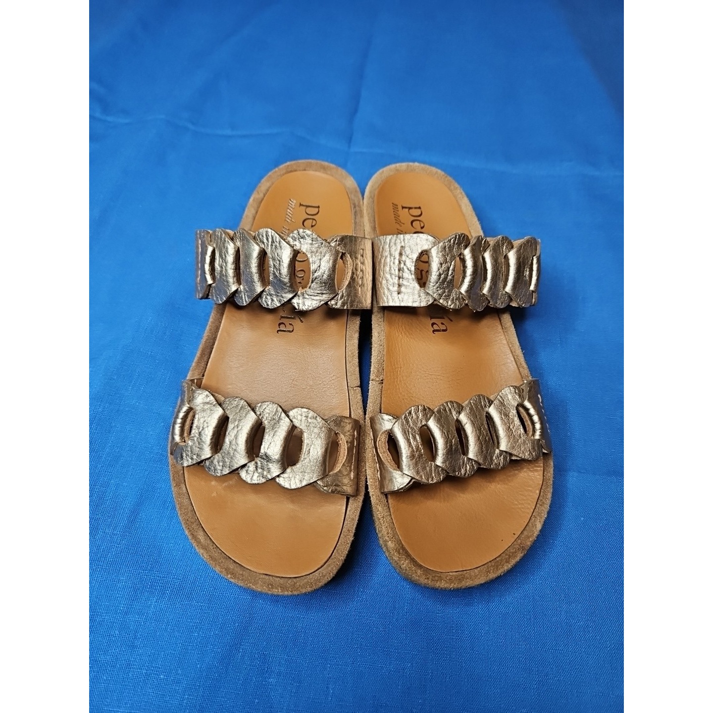 Pedro Garcia Gold Leather Sandals Braided Slide Wedge Metallic Double Band 9.5