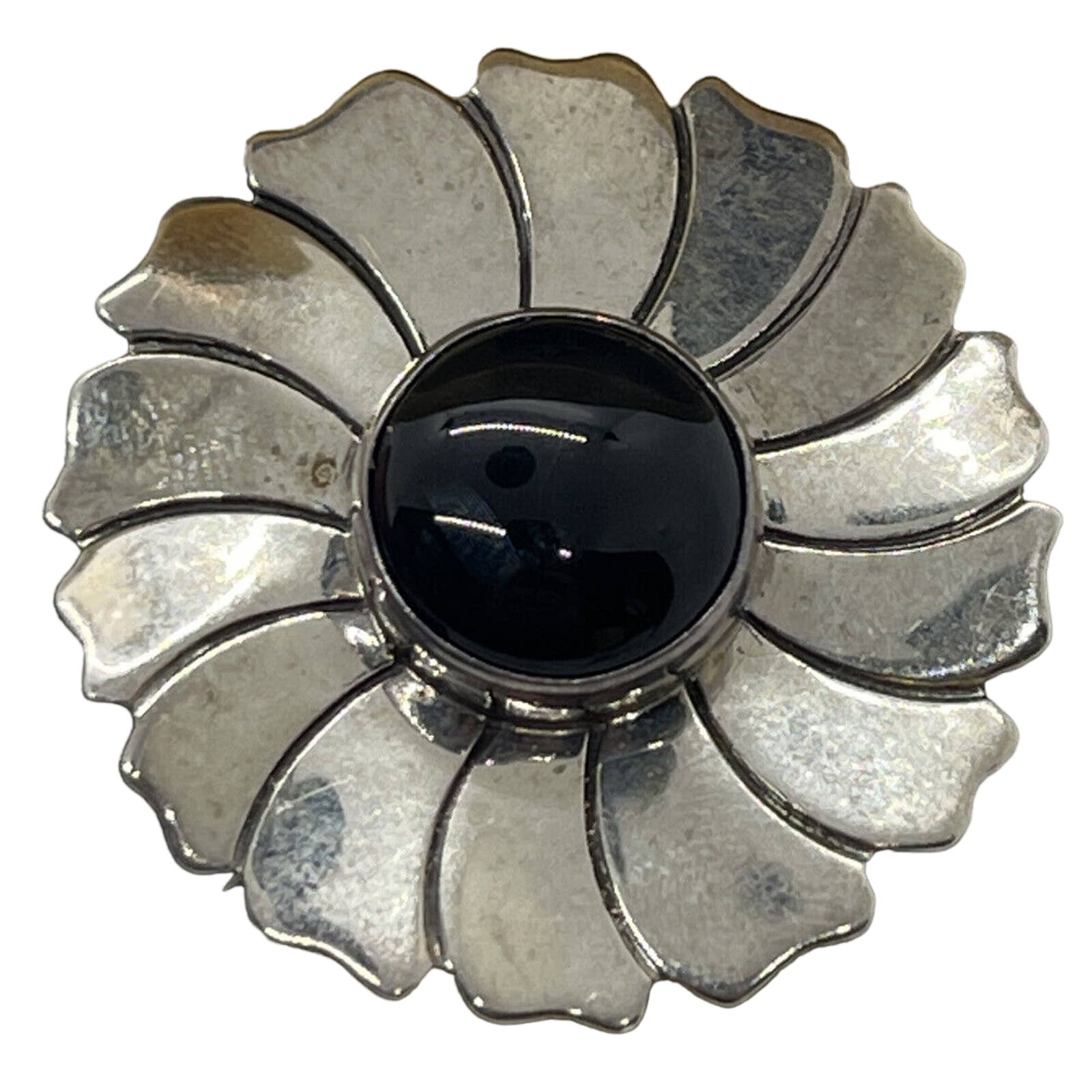 Vintage Sterling Silver Pendant 925 Brooch Pin Onyx Flower Native American
