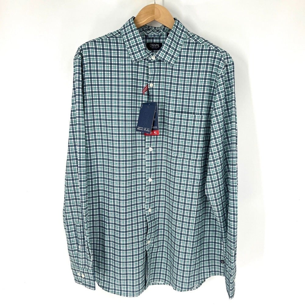 Chaps Every Day Performance Button Down Shirt Mens XL Long Sleeve Plaid Blue NEW