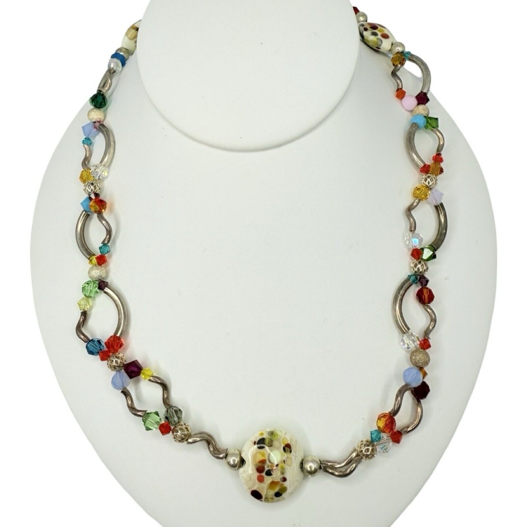 Vintage Multicolor Glass Beaded Artesian Necklace 29 Silver Tone