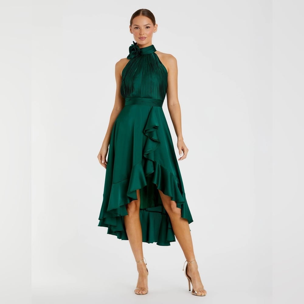 Size 16 MAC DUGGAL 49488 NWT Green Halter Neck Flower Detail Ruffled Midi Dress