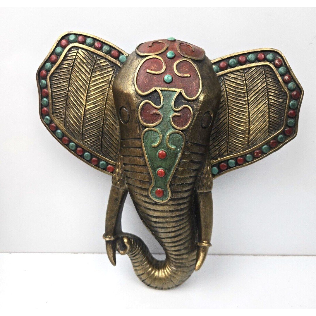 Handmade Elephant Head Wall Hanging Décor Brass Overlay w/ Beads 10 Vintage