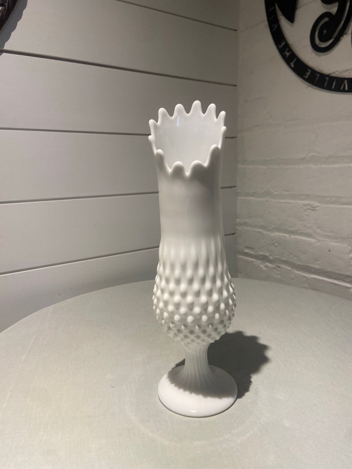 Vintage Fenton Milk Glass Hobnail Swung Vase.