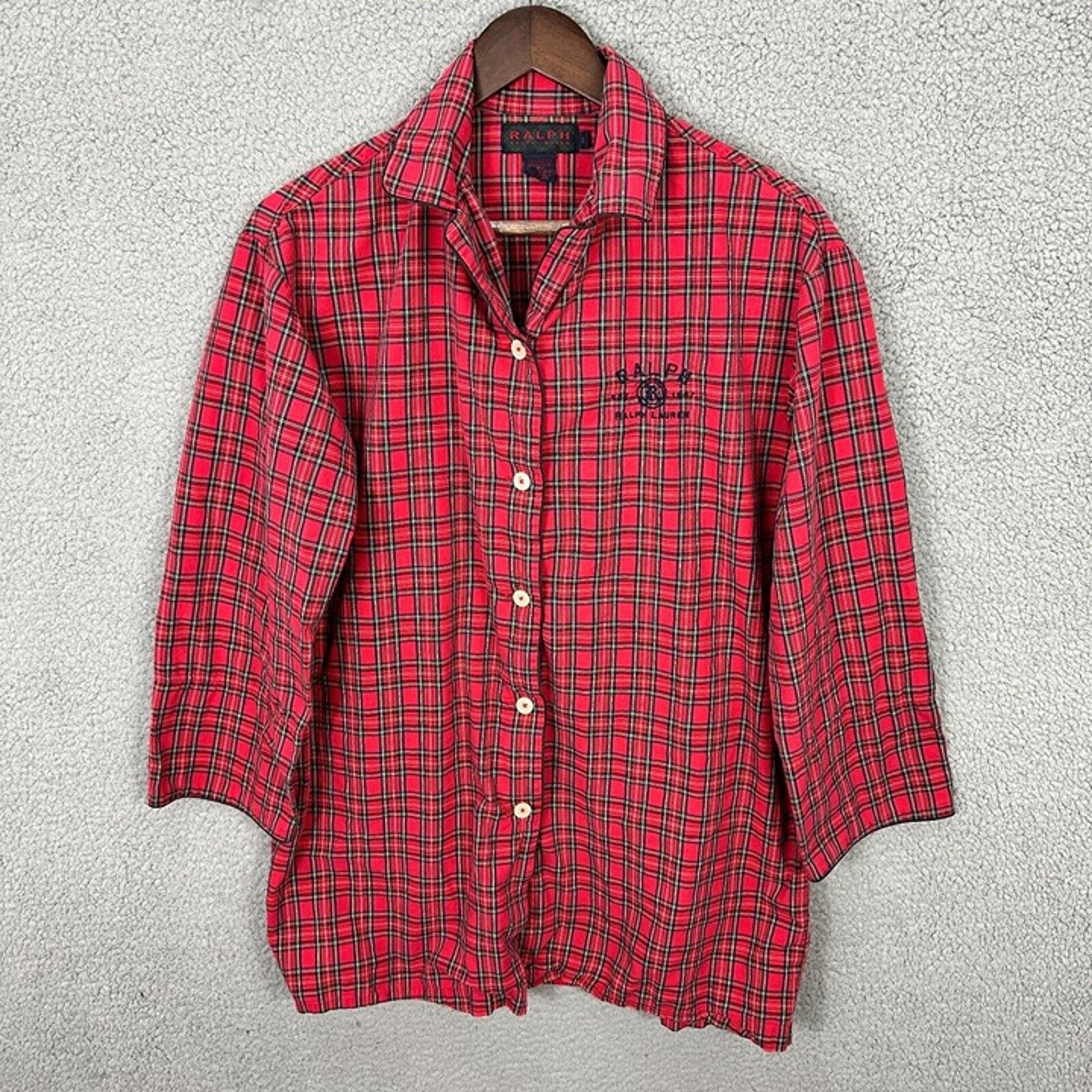Ralph Lauren Pajama Top Women S Red Plaid Cotton Button Shirt Sleep Lounge Cozy - Lauren Ralph Lauren