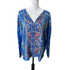 Johnny Was Floral Striped Garden Blouse Shirt Long Sleeve Blue Womens Medium NWT