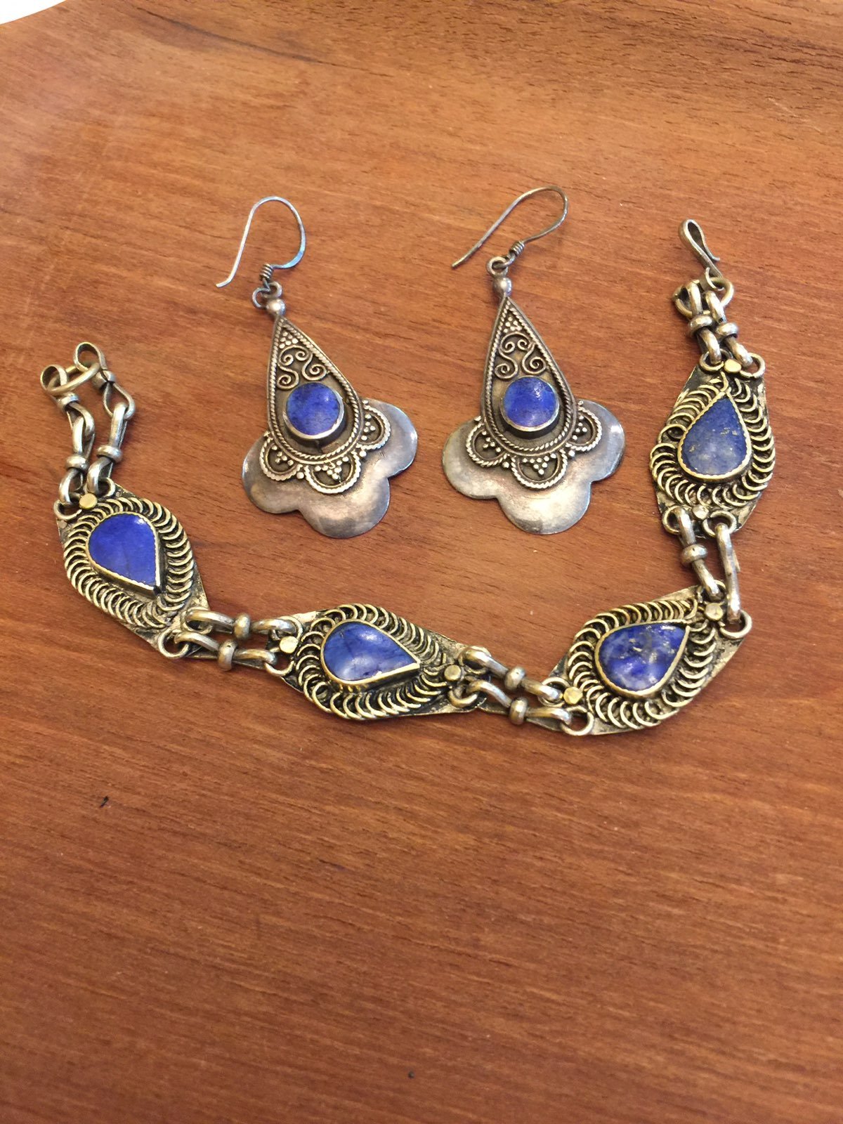Vntg SS Blue Lapis Bracelet & Earrings