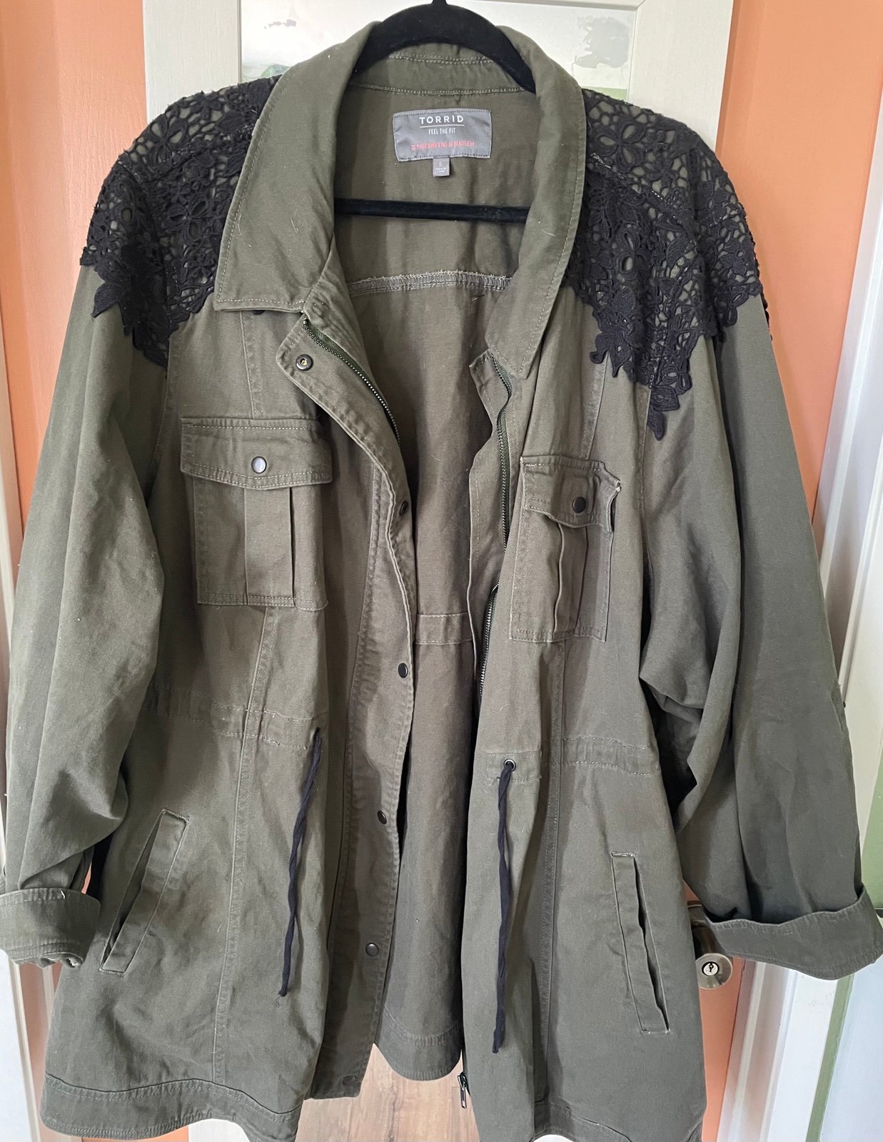 Army style jacket with black lace embellishments