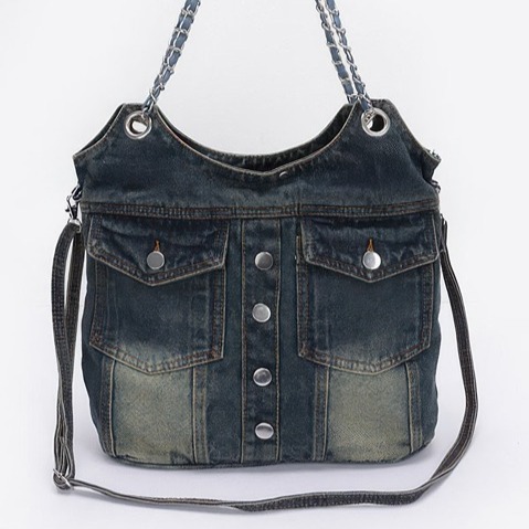 Washed Denim Double Pockets Tote Bag