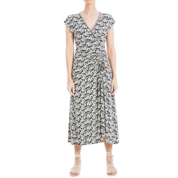 Max Studio Floral Flutter Sleeve Ruched Side Waist Faux Wrap Dress Size Med New!