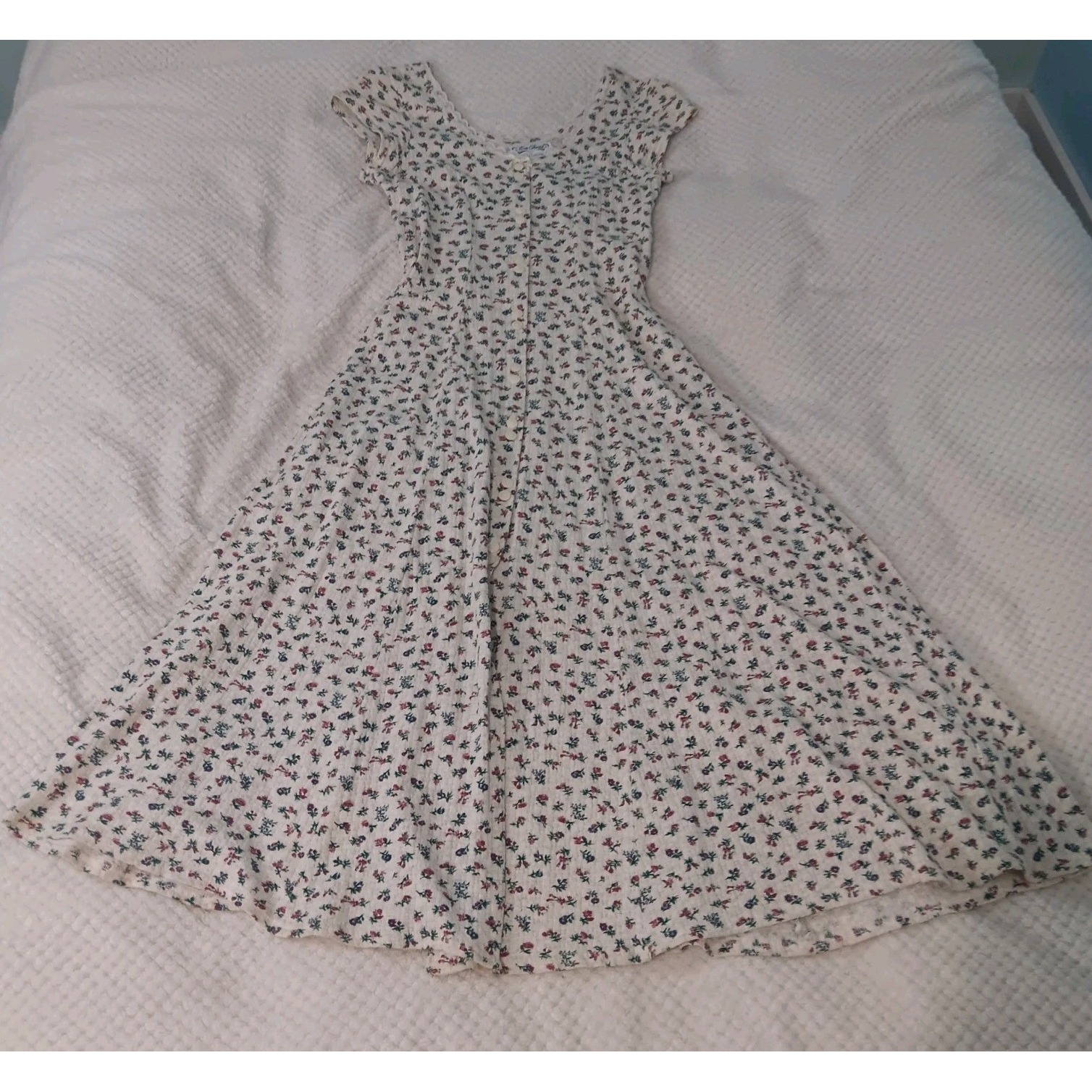 VTG 90's Henley Lace Trim Bow Buttons Coquette Cottagecore Maxi Dress Friends 10