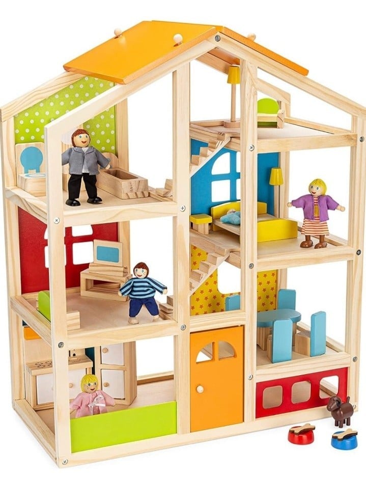 PIDOKO KIDS Skylar Wooden Dollhouse Includes 20 Pcs Furniture Access new