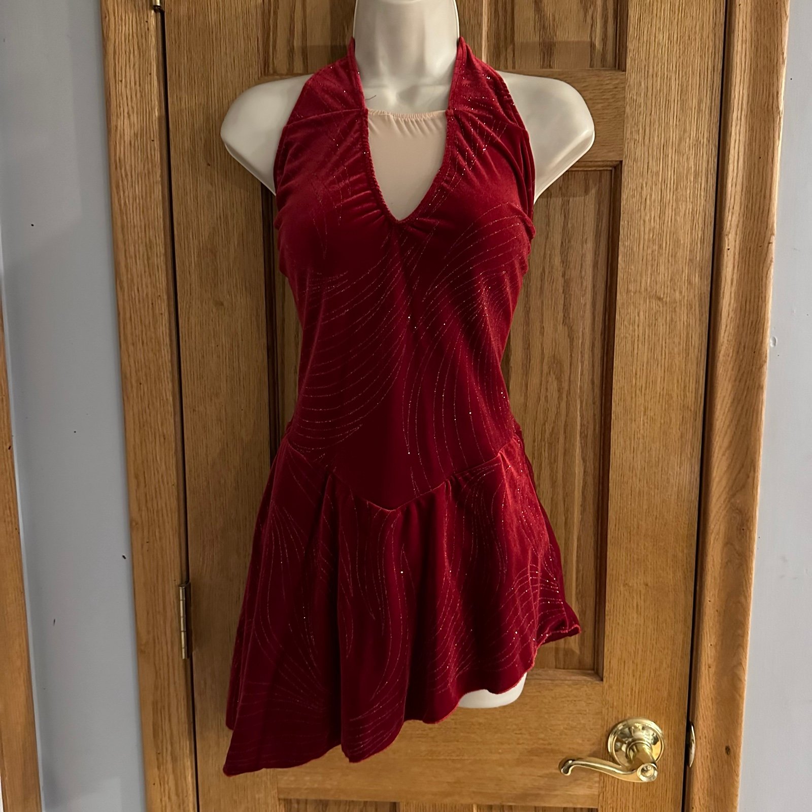 RED VELOUR SPARKLES HALTER STYLE FIGURE SKATING DRESS COSTUME SMALL/MEDIUM