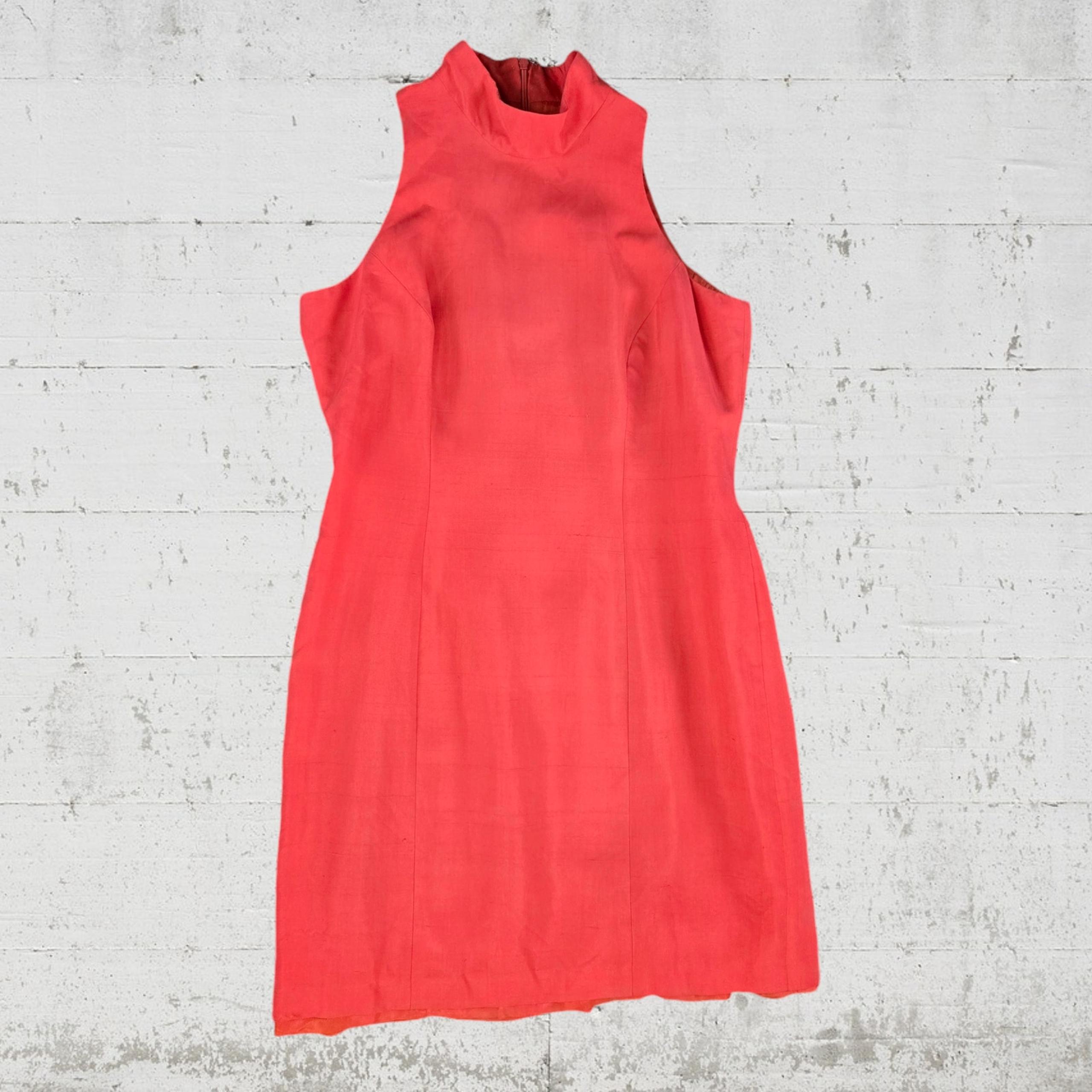 90s Vintage Coral Silk Mock Neck Mod Sleeveless Moda Int'l Sheath Dress Size 8