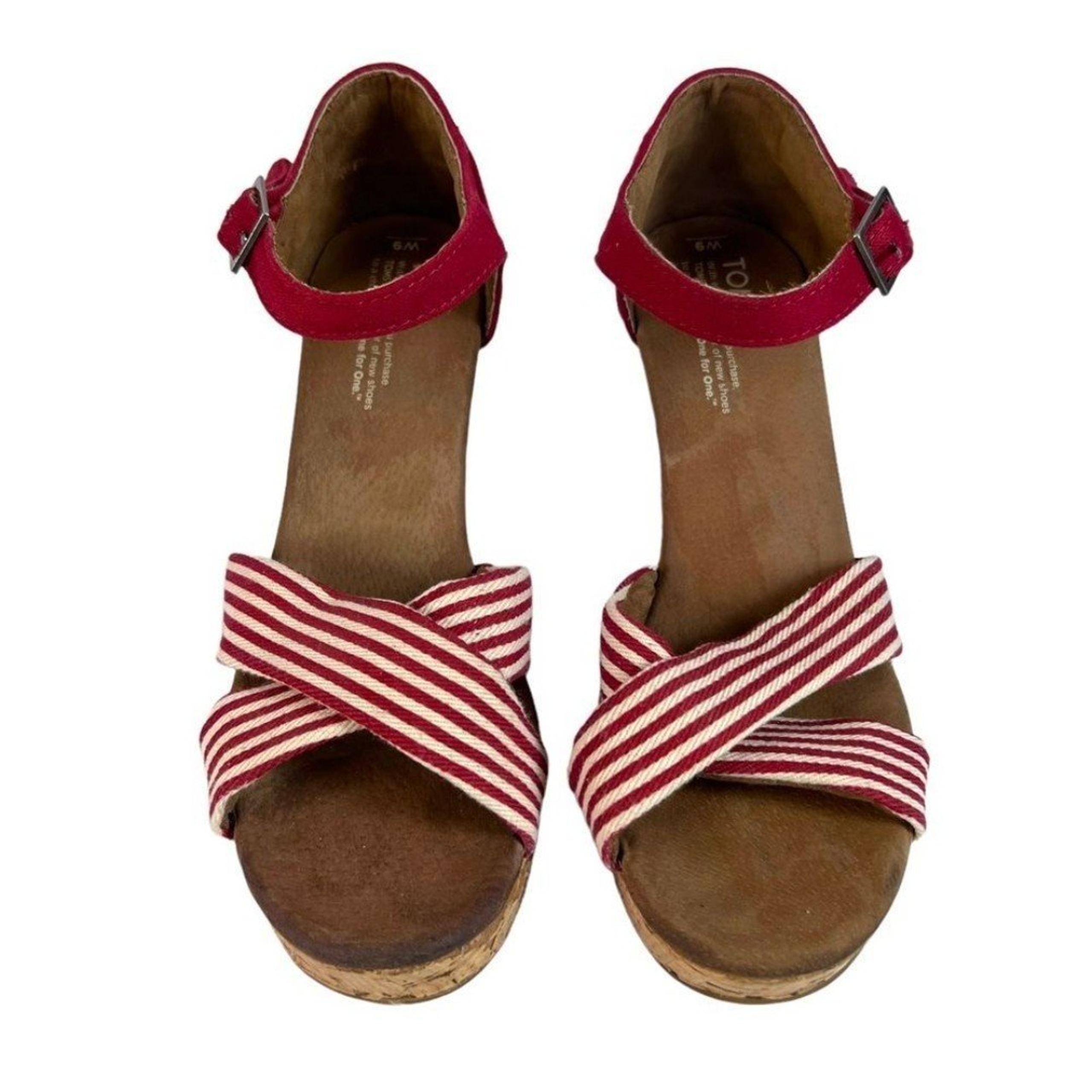 TOMS Sienna Cork Wedge Sandal Size W9 Open ToeCriss Cross Red White Stripe Shoe