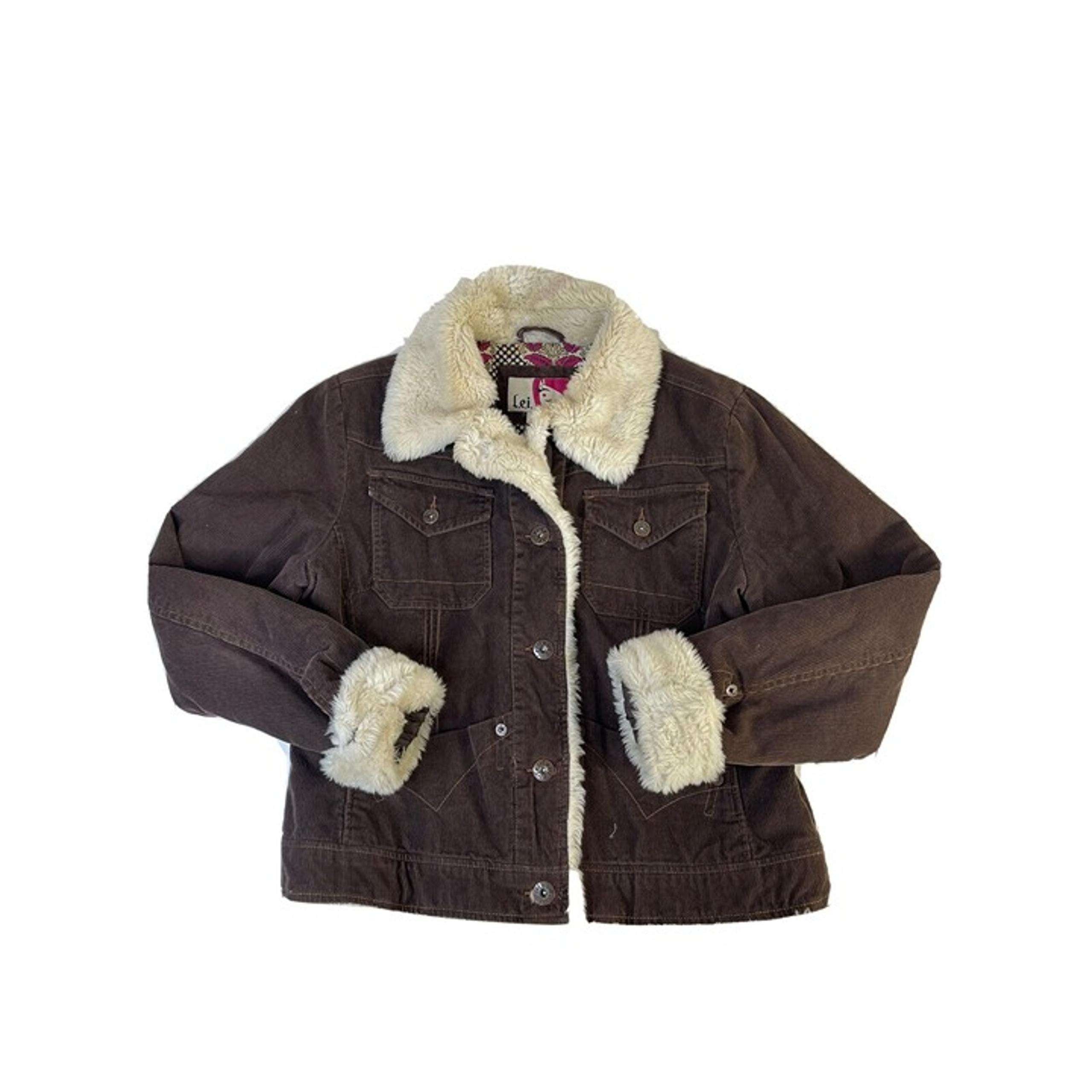 Vintage Womens Large Corduroy Faux Fur Collar Trim Trucker Jacket