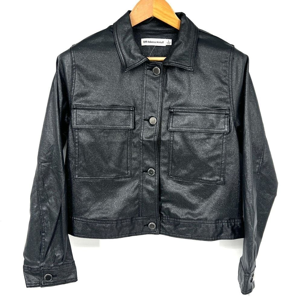 Rebecca Minkoff Jacket Women's Size L Vegan Black Sparkle NWOT Glitter Crop