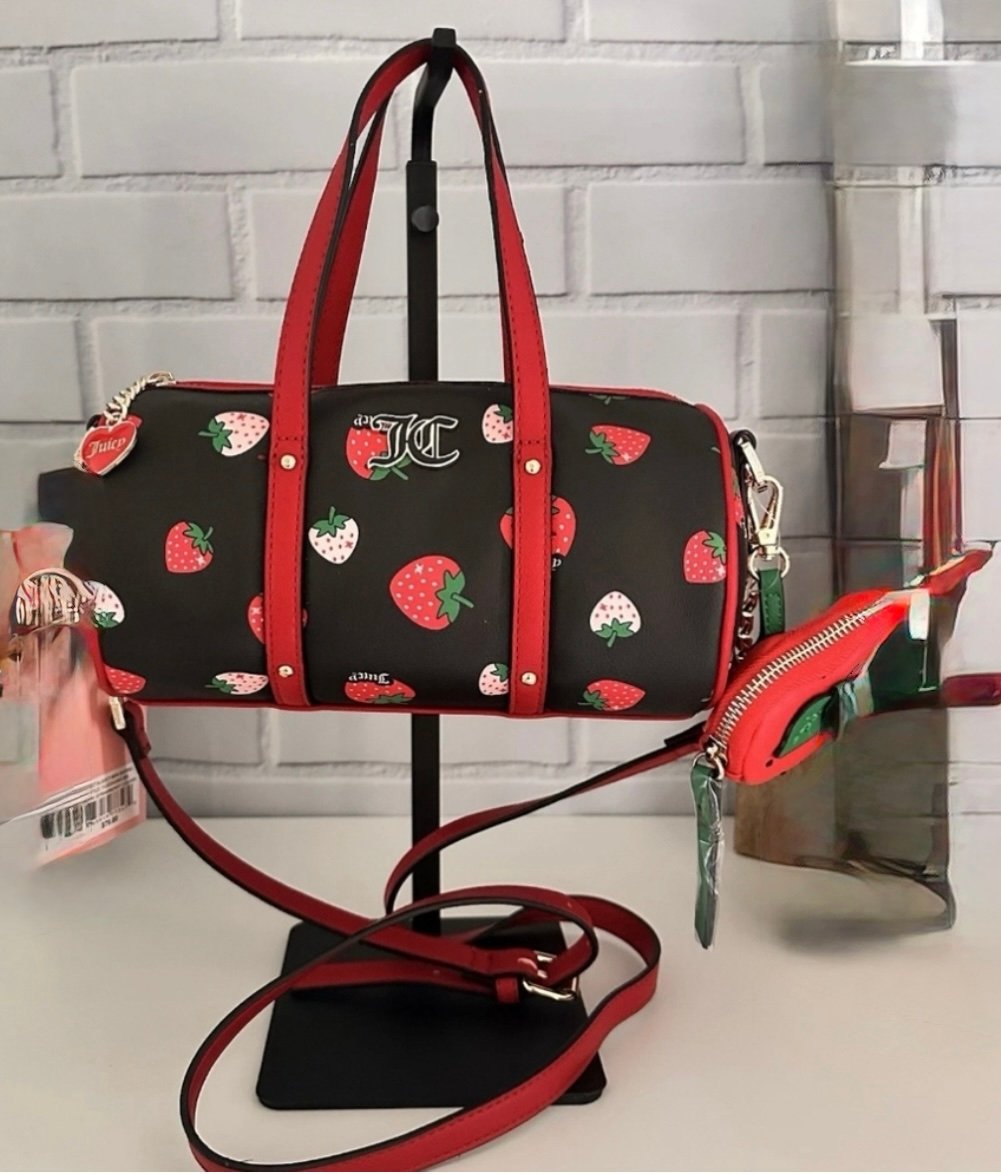 JUICY COUTURE SWEET & JUICY STRAWBERRY MINI BARREL BAG WITH COIN ZIP EXCLUSIVE
