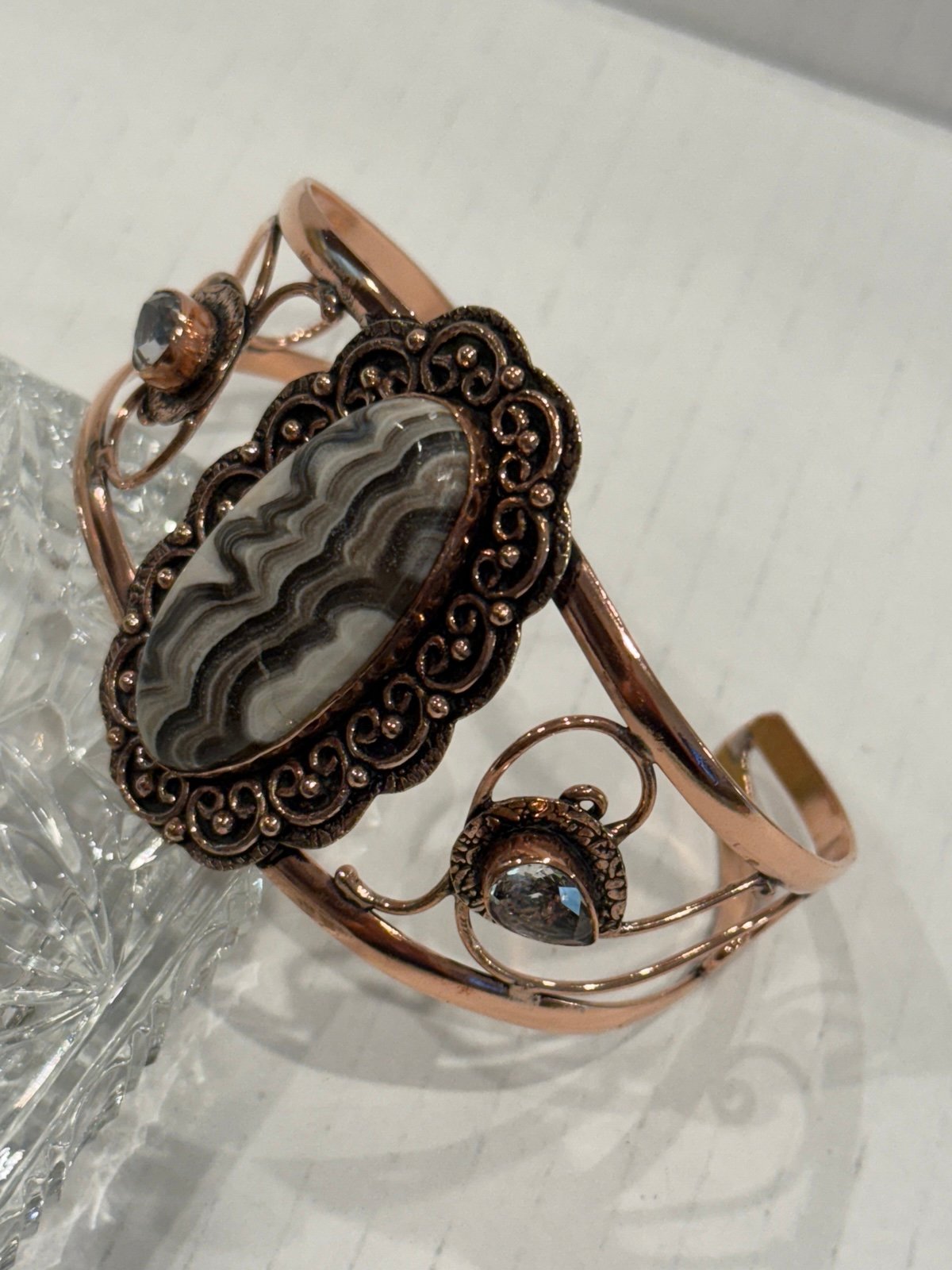 Vintage-Inspired Crazy Lace Agate & White Topaz Adjustable Copper Cuff Bangle