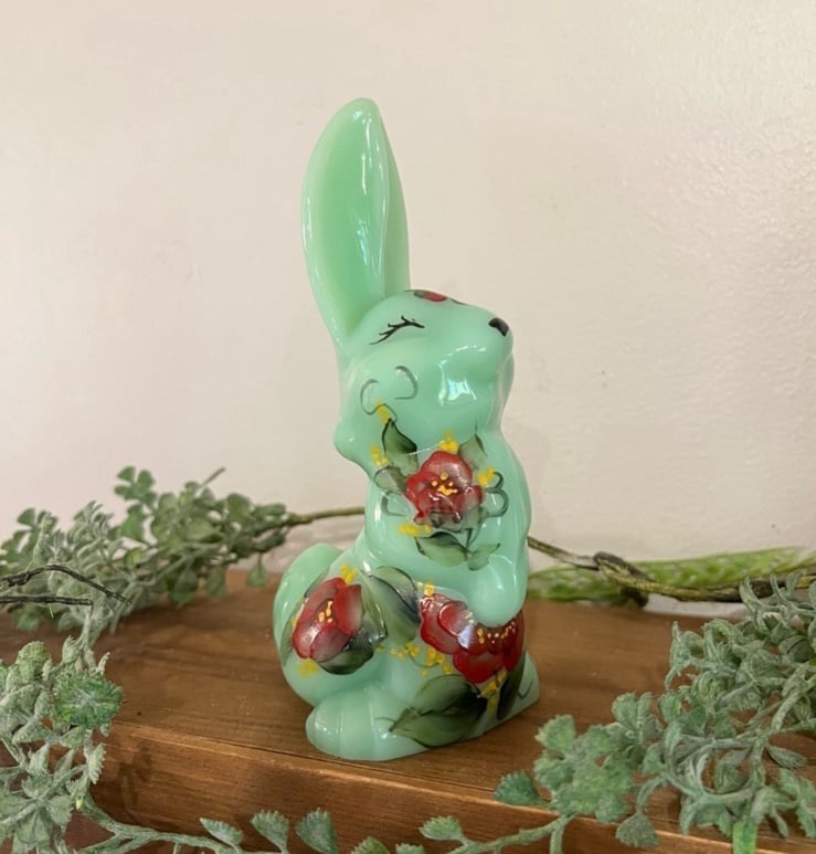 A stunning Vintage Hand Painted Mosser Glass Jadeite Bunny Figurine 6 1/4 Tall