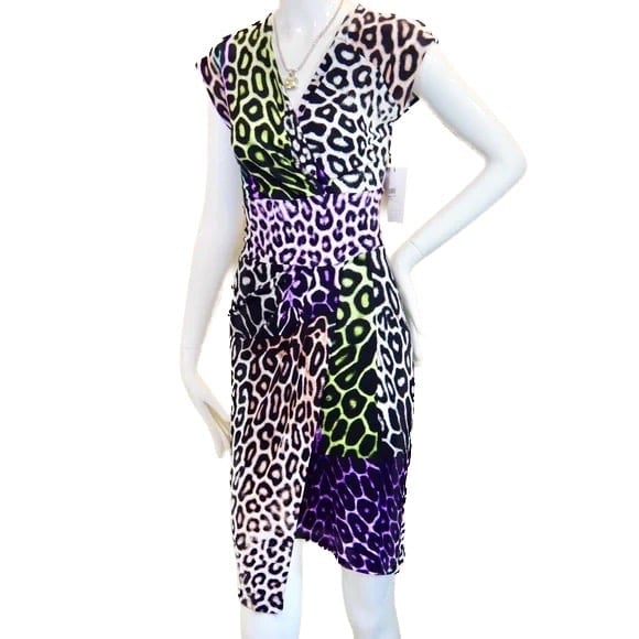 Just Cavalli. NWT Multicolor animal print asymmetrical. Fitted Dress.Size 2