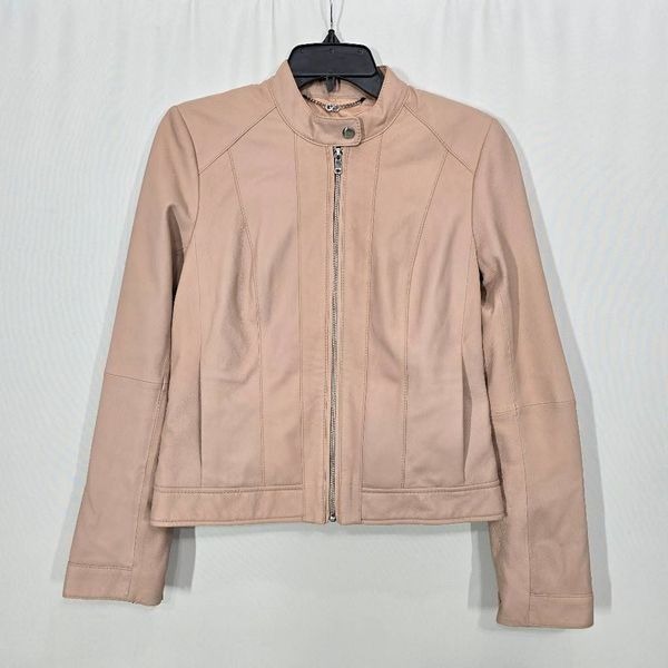 Cole Haan Nude Stand-Collar Leather Moto Jacket Small