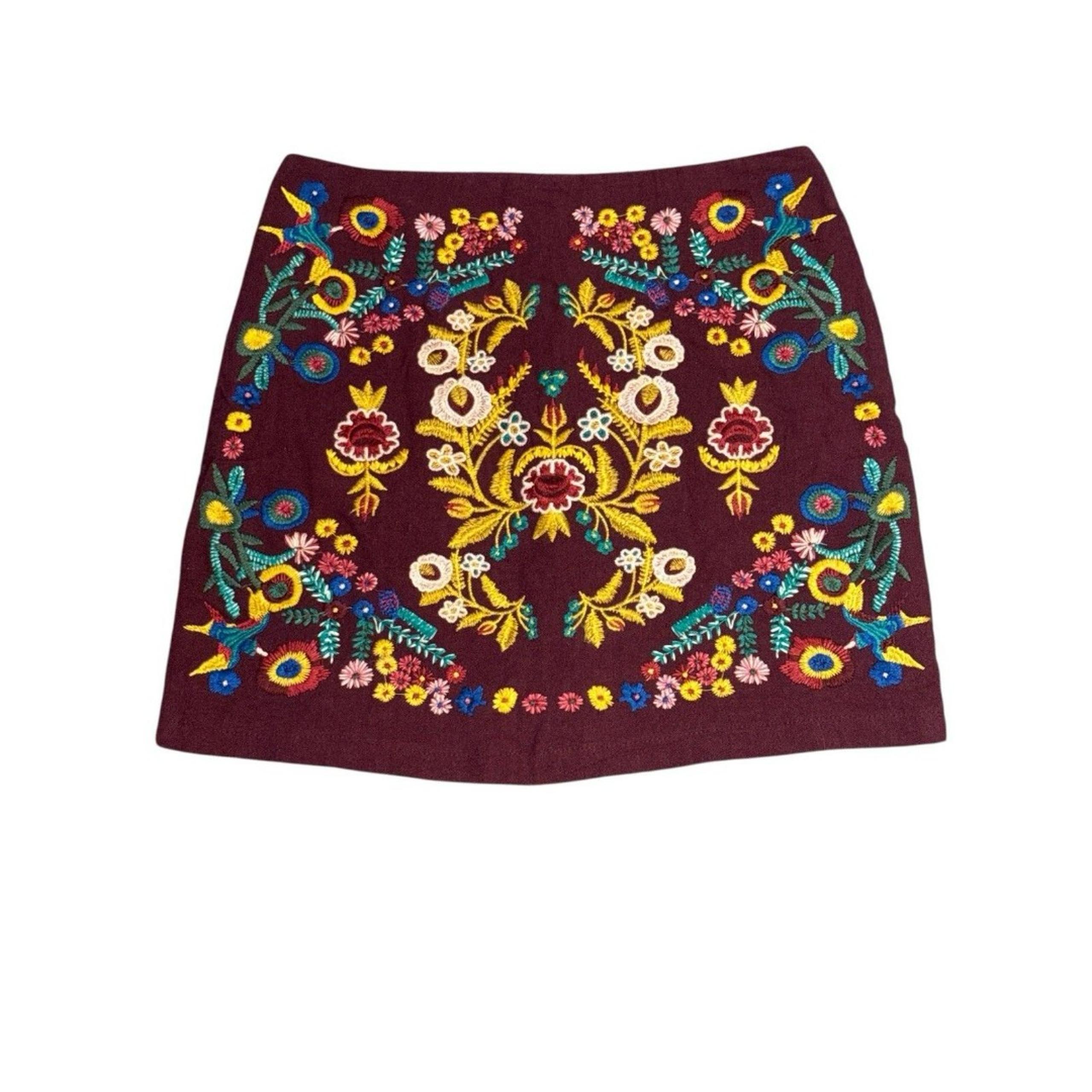 Umgee Women’s Floral Embroidered Mini Skirt Size Small Floral Boho Burgundy