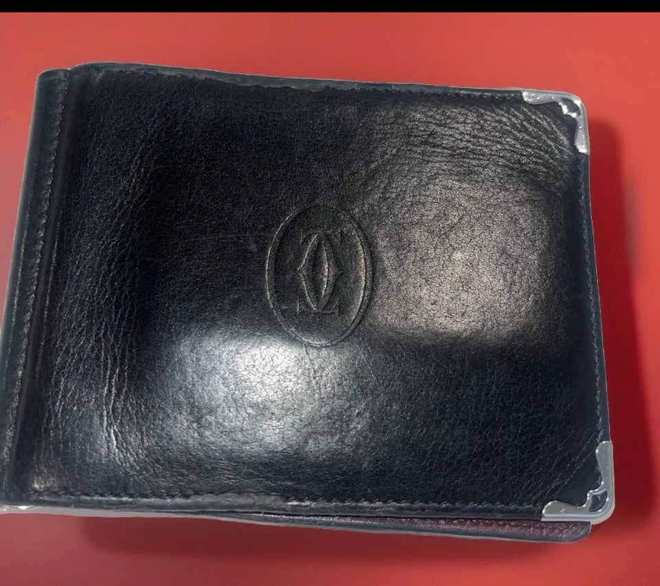 Cartier Money Clip Wallet Black x Red Logo Leather Silver Hardware