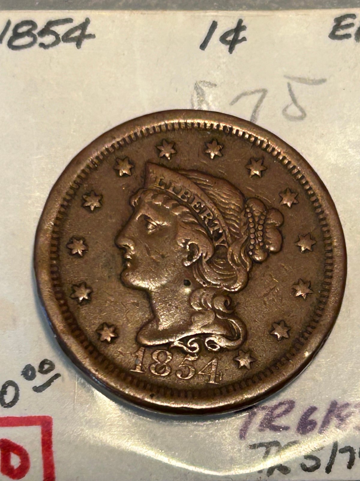 1854 1C Braided Hair Large Cent in VF+ Condition