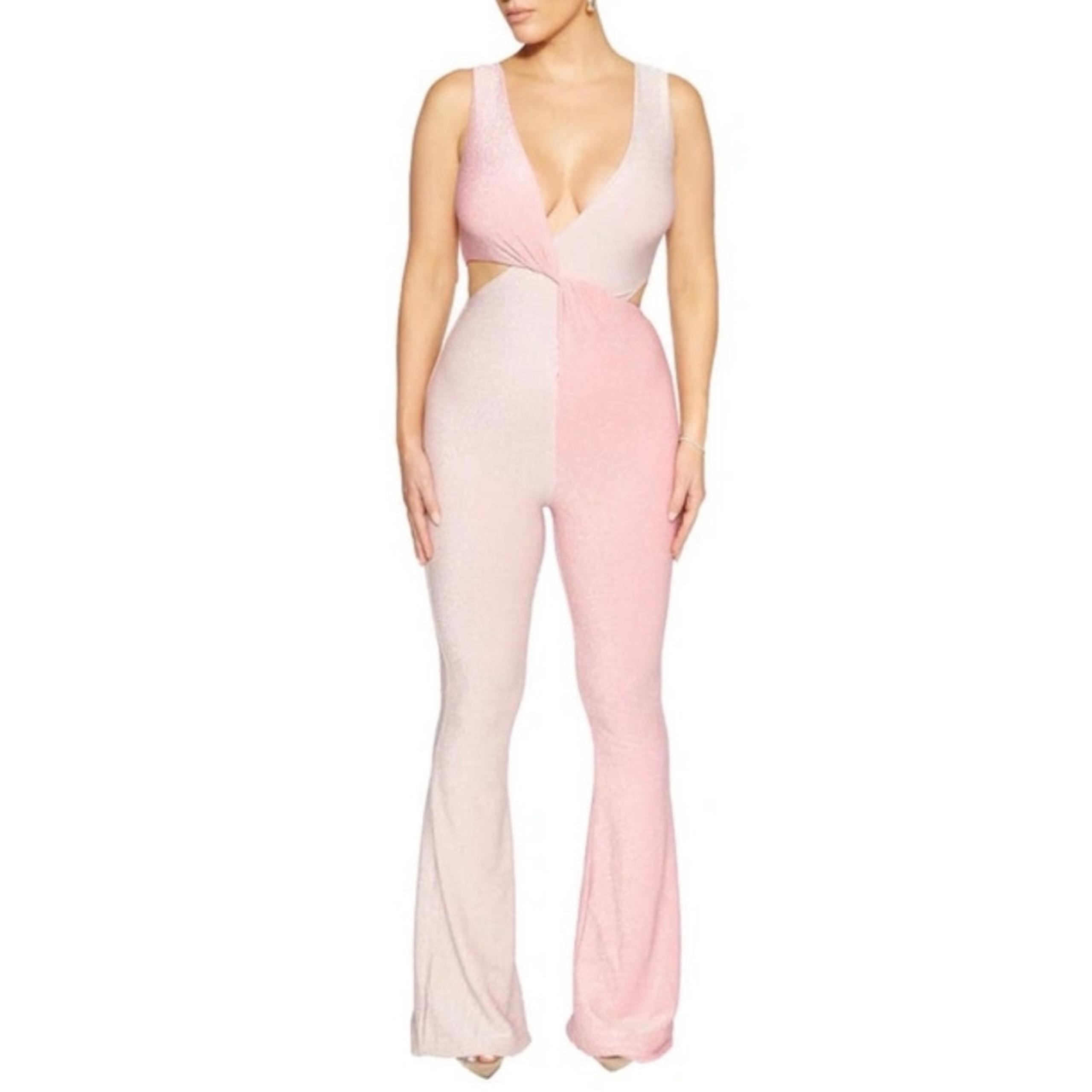 naked wardrobe crisscross two-tone cutout jumpsuit in pink sparkle women small