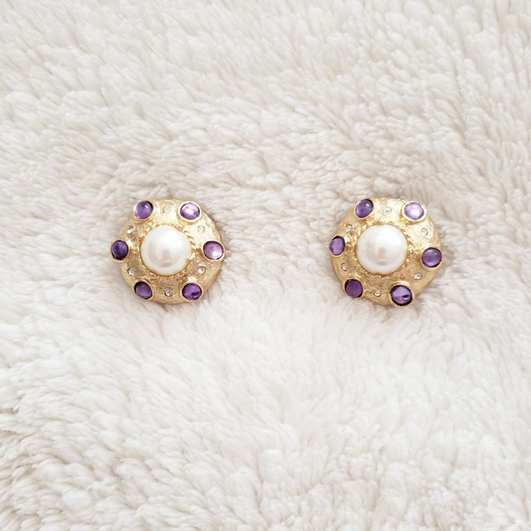 Vintage Pearl + Purple Crystal Earrings